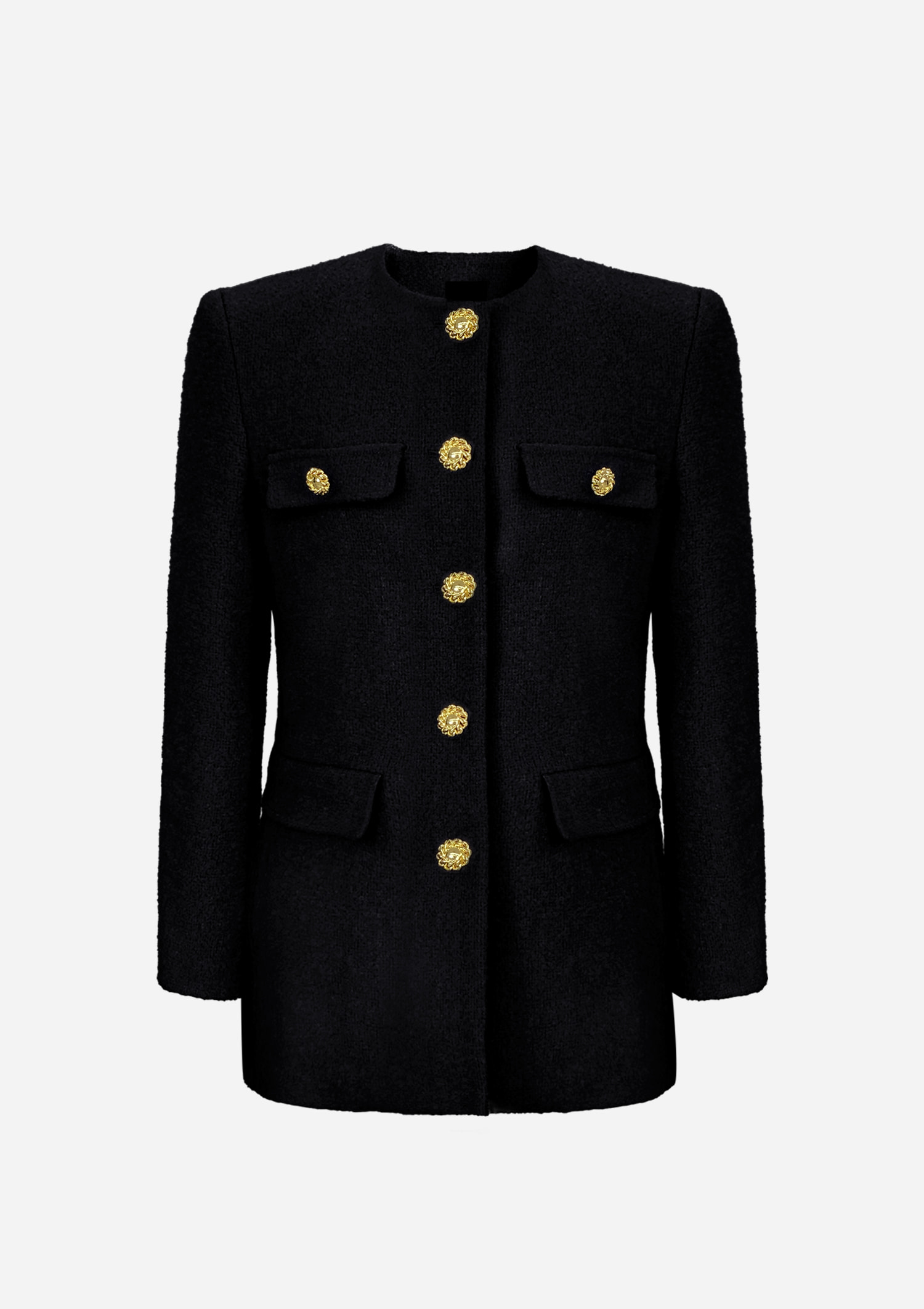 bouclé bold button black jacket